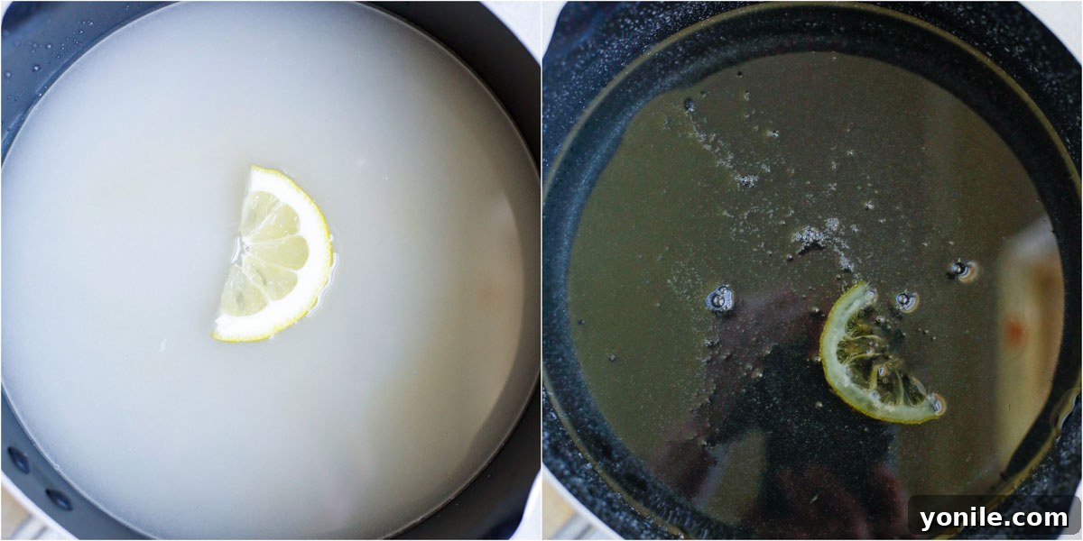 sugar syrup in a pot with a lemon wedge