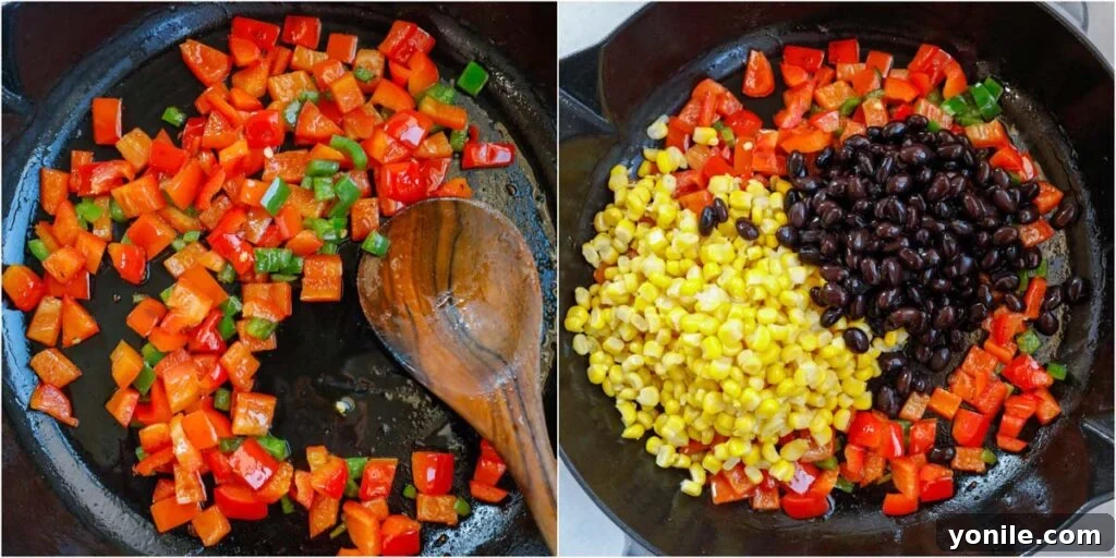 veggies for the mexican shrimp being sauteed. Corn, bell peppers and black beans