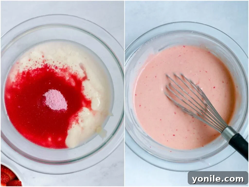 Strawberry pancake batter in a bowl, showing its soft pink color.