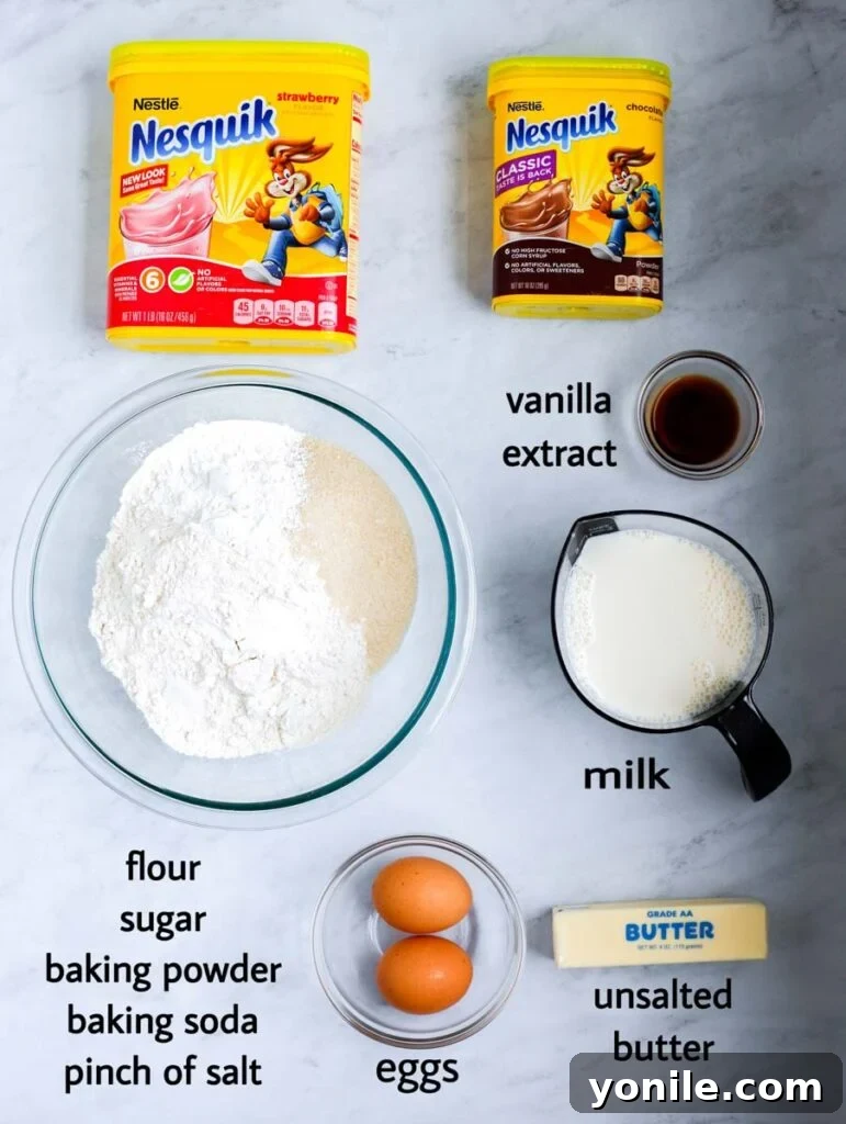 A selection of ingredients for mini pancake cereal including milk, butter, pancake mix, eggs, vanilla extract, and flavored powdered milk.