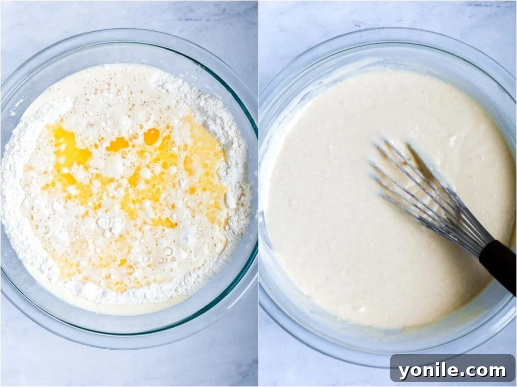 Pancake ingredients in a bowl before and after mixing, showing the transformation into a smooth batter.