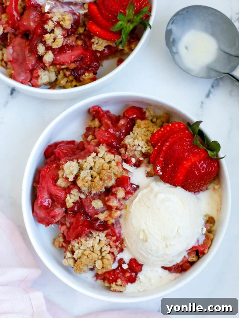 Strawberry Crisp served in a bowl with a scoop of vanilla ice cream, ready to be enjoyed.
