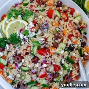 mediterranean quinoa salad served in a dish, topped with crumbled feta cheese and lemon wedges