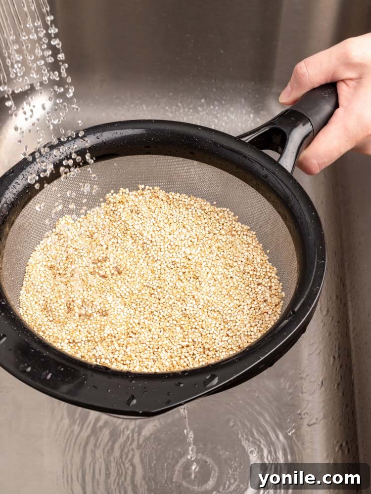 Effortless Fluffy Quinoa 3 quinoa being washed in a strainer