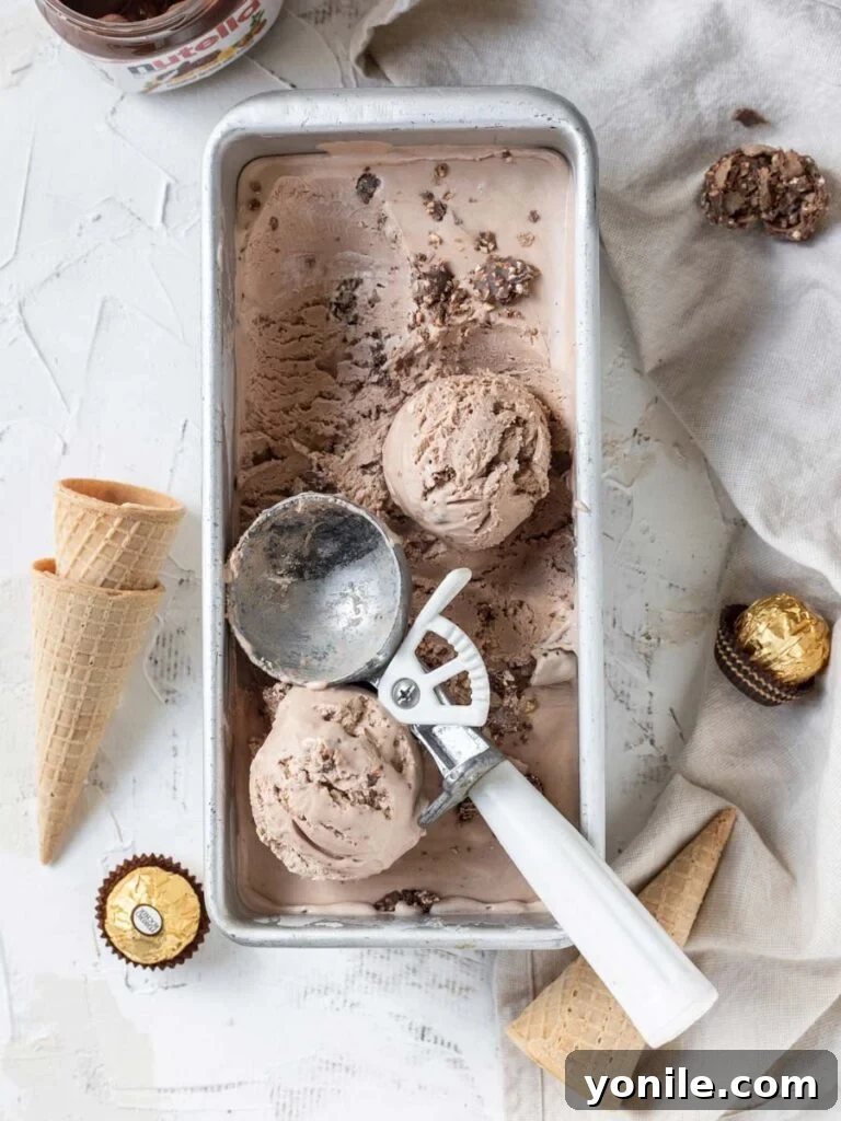 Nutella Swirl Indulgence 6 A top-down shot of creamy Nutella ice cream in a loaf pan, garnished with chocolate shavings or more Ferrero Rocher pieces.