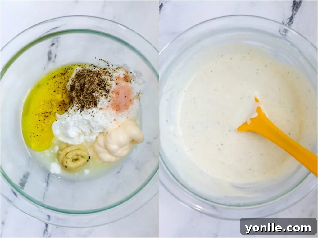 Close-up of the creamy Greek yogurt dressing being mixed in a bowl.