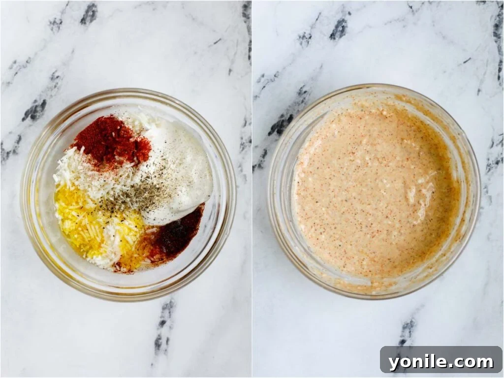 Mixing bowl with ingredients for the creamy dressing, including mayo, lime juice, spices, and cotija cheese.