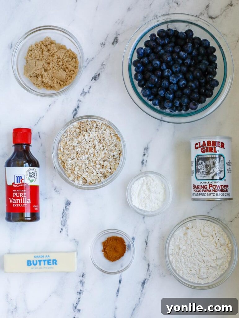 Perfect Homemade Blueberry Crisp 3 A selection of fresh ingredients including blueberries, flour, oats, butter, and sugars laid out for making blueberry crisp.