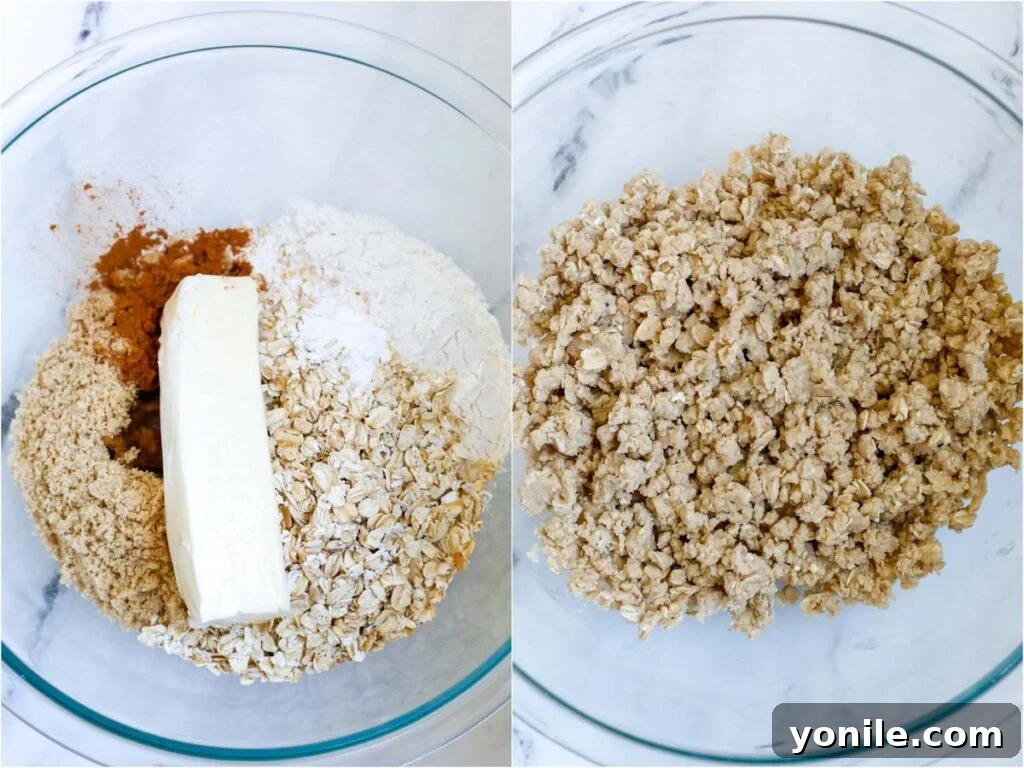 Perfect Homemade Blueberry Crisp 4 Hands mixing butter into a bowl of dry ingredients, forming the crumbly topping for blueberry crisp.
