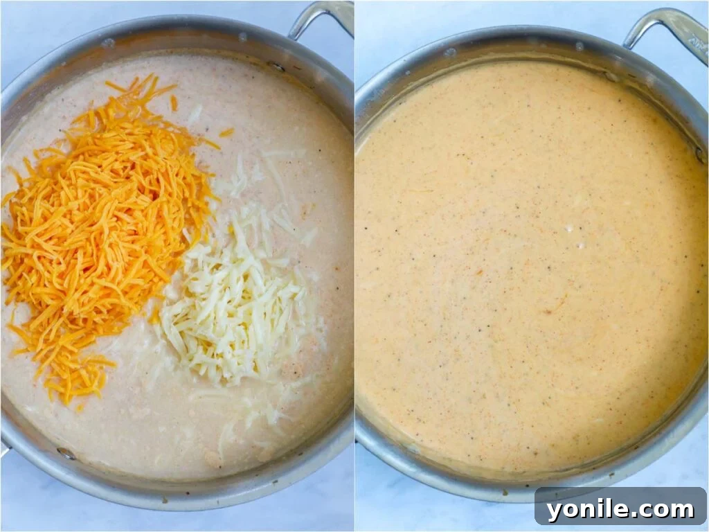 Sizzling Fajita Macaroni 6 Creamy cheese sauce simmering in a pot