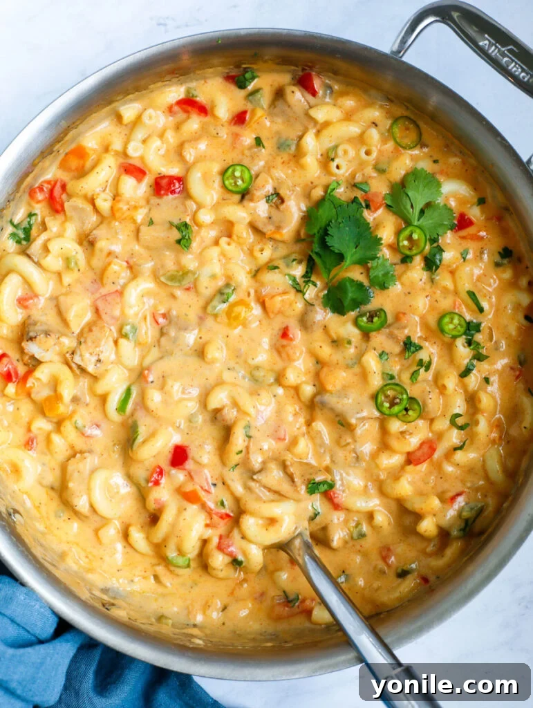 Sizzling Fajita Macaroni 8 Overhead shot of Chicken Mac N Cheese in a pot with a serving spoon