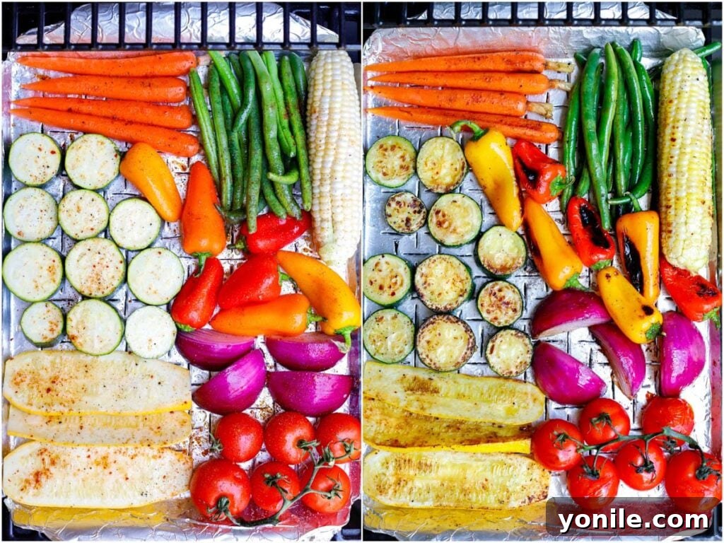 Grilled Garden Goodness 6 Side by side shot of raw seasoned vegetables next to perfectly grilled vegetables
