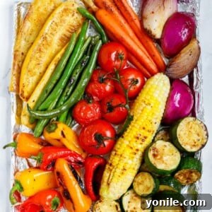 Top view of assorted grilled vegetables, perfectly charred and seasoned