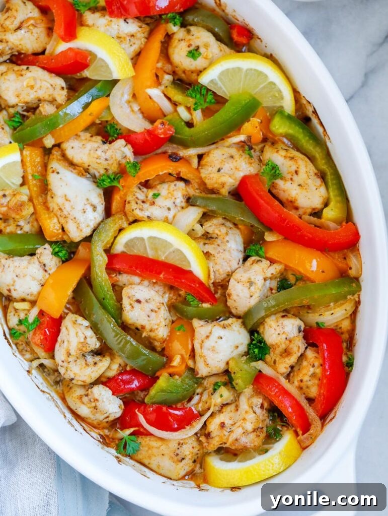 Top-down view of the completed Chicken Fajita Bake, garnished and ready to serve.