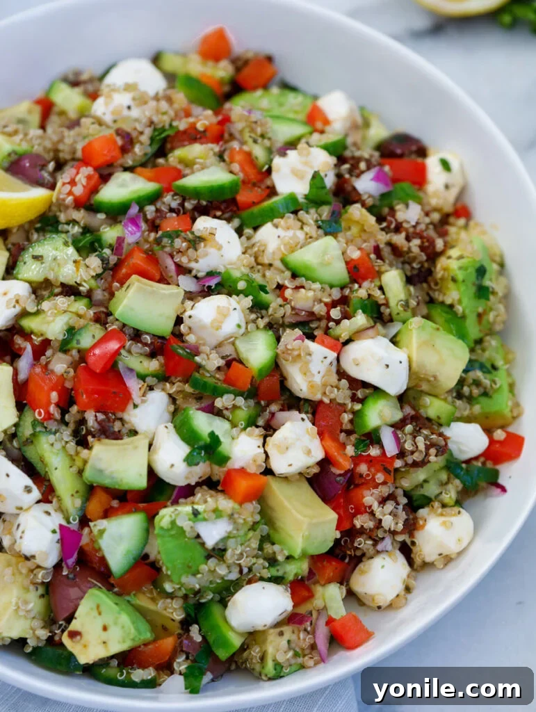 Vibrant Mediterranean Quinoa Salad 6 Close up of Easy Mediterranean Quinoa Salad, showing the texture and detail of the ingredients.