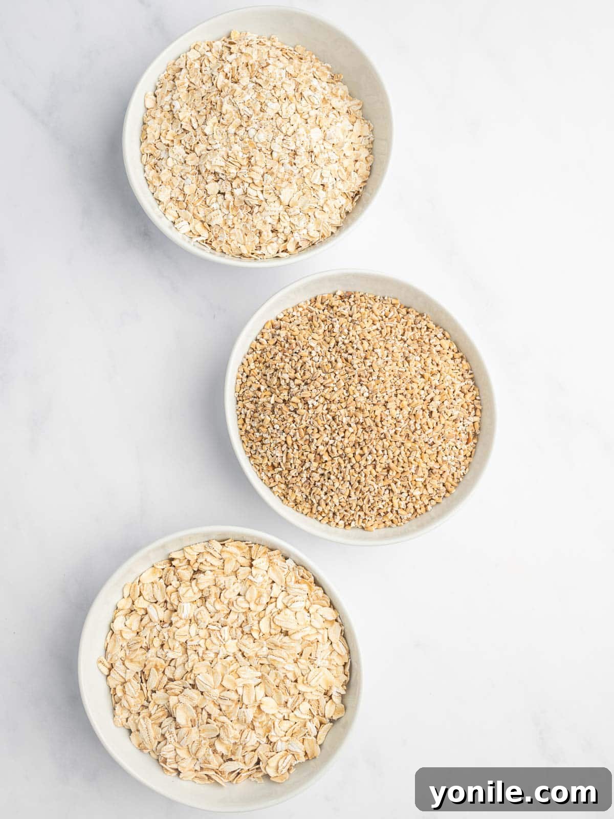 Perfect Oatmeal Every Time 3 Types of oatmeals in a bowl. Steel cut oatmeal, quick oatmeal and old fashion rolled oats.