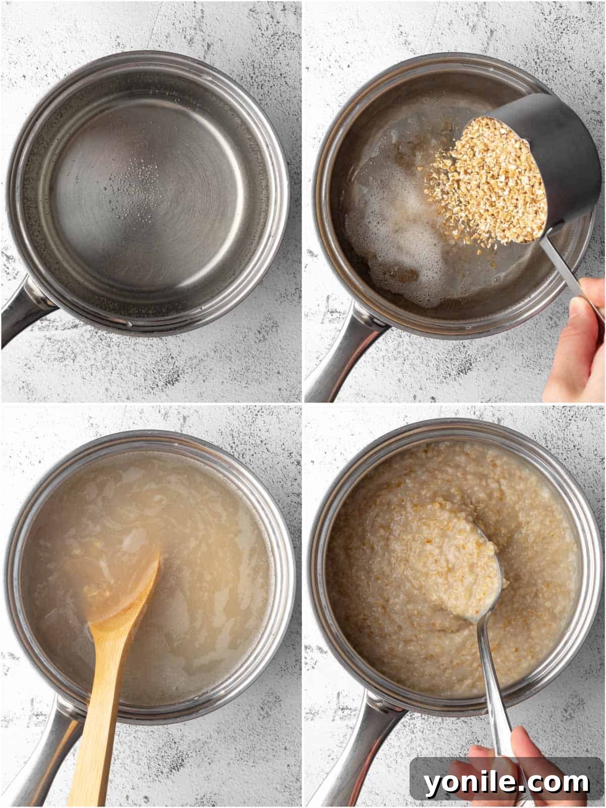 Perfect Oatmeal Every Time 8 Process showing how to cook steel cut oats on stovetop.