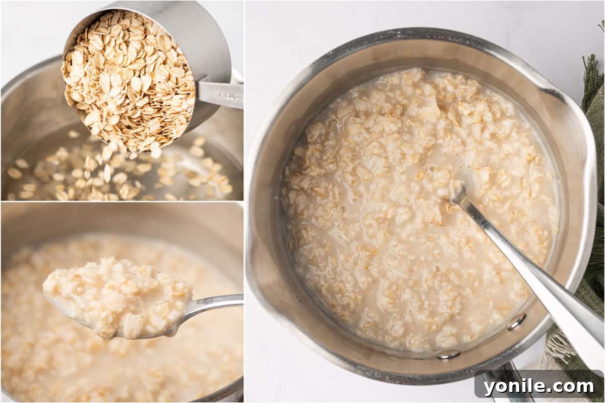 Perfect Oatmeal Every Time 9 Process showing cooking stop top rolled oats.