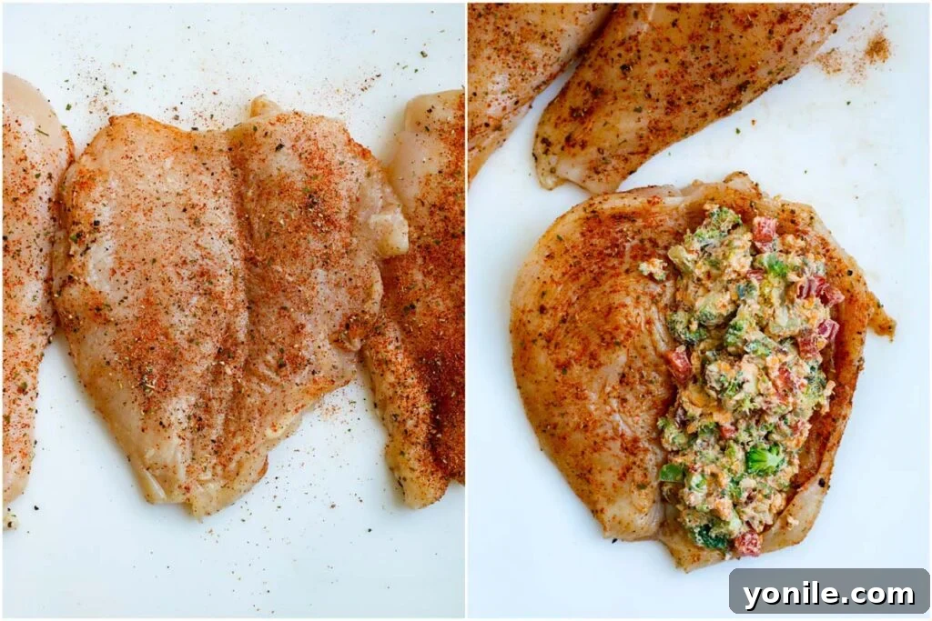 cutting chicken and stuffing it