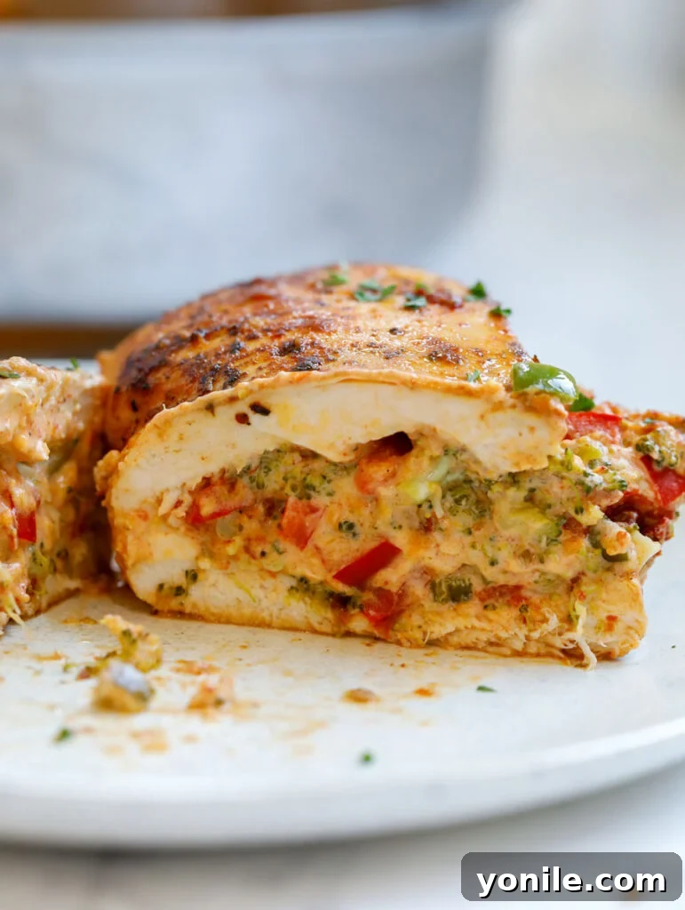 close up of Broccoli and Cheese Stuffed Chicken cut in half