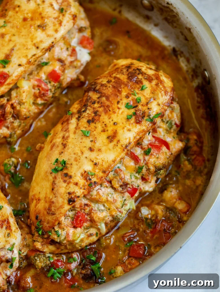 stuffed chicken breast in a skillet