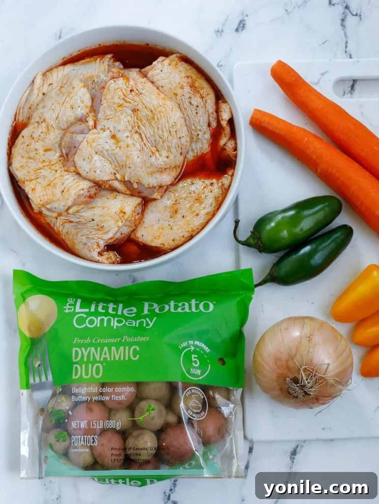 Hearty Chicken and Potato Bake 3 Ingredients for Chicken and Potato Bake, including fresh produce and spices