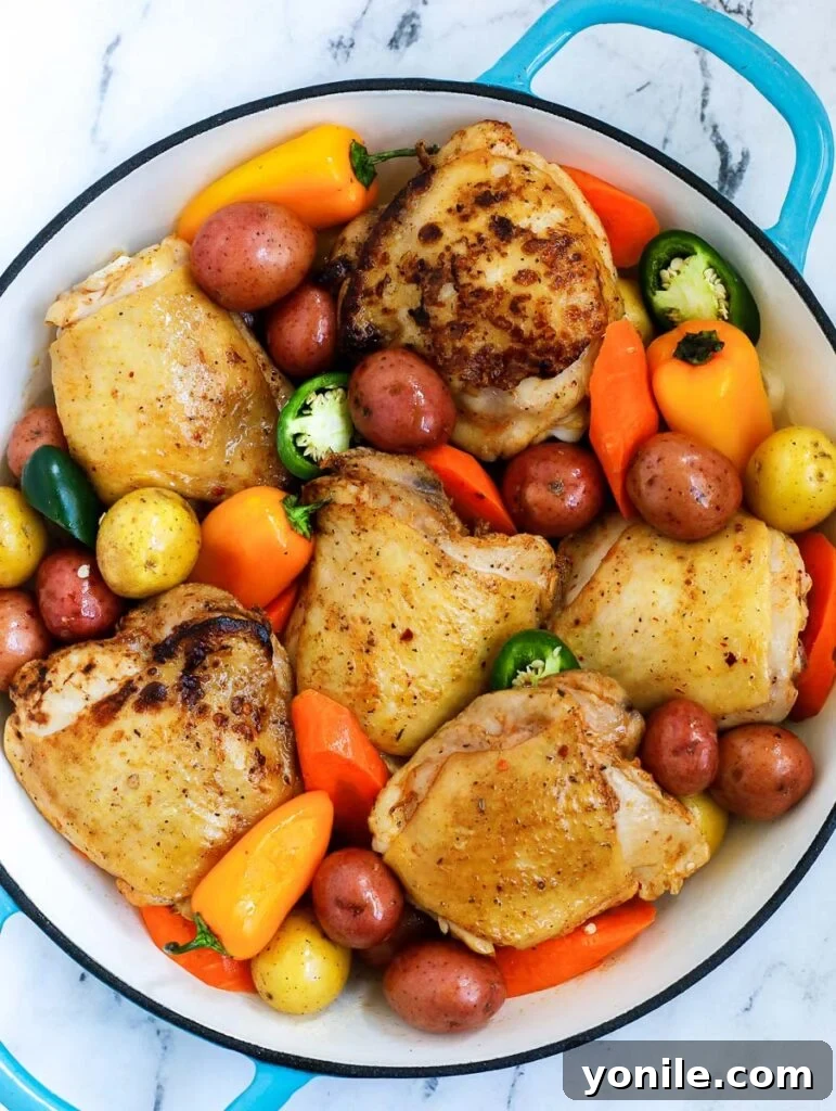 Hearty Chicken and Potato Bake 5 Chicken and Potato Bake assembled in a pot, ready for the oven