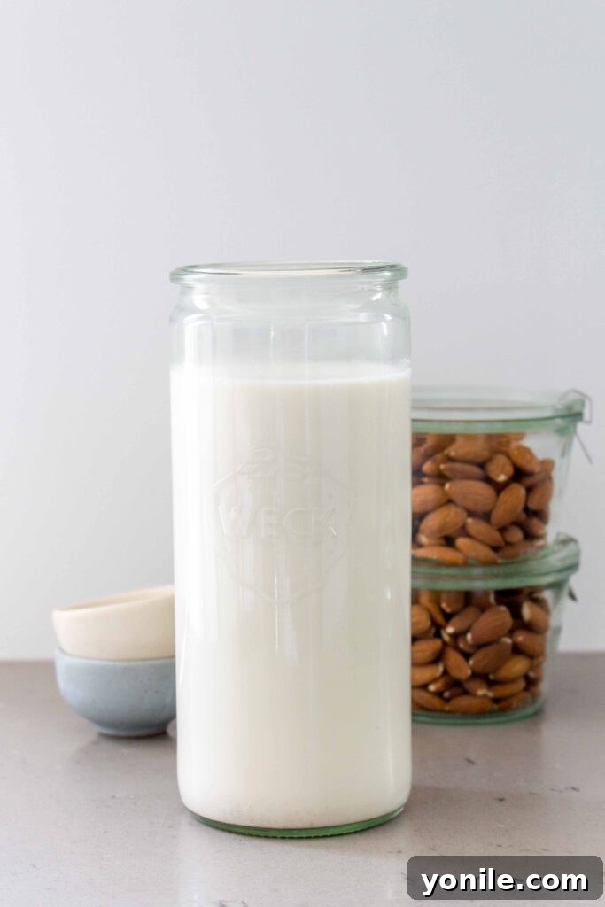 jar of homemade almond milk, fresh and creamy