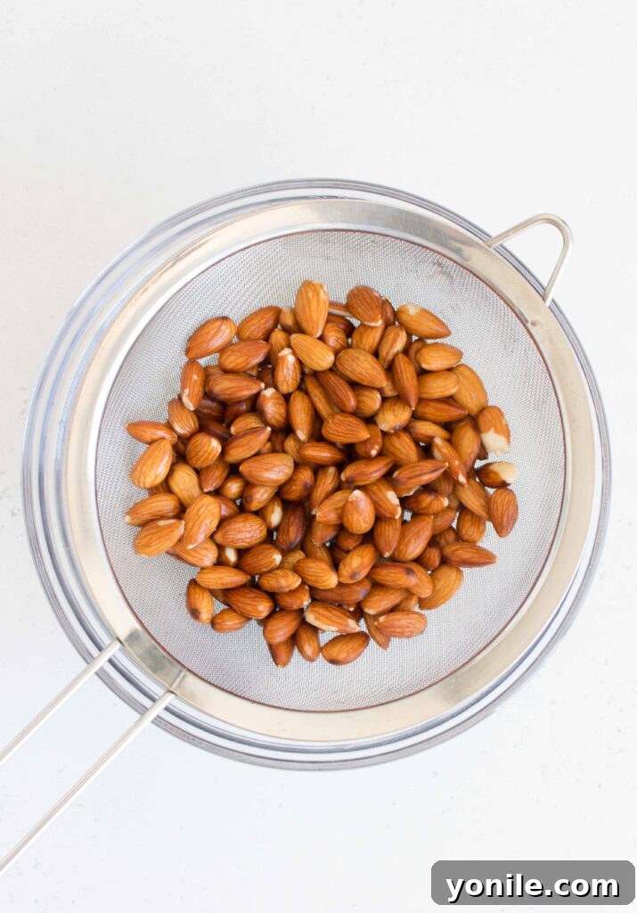 drained and rinsed almonds in a strainer