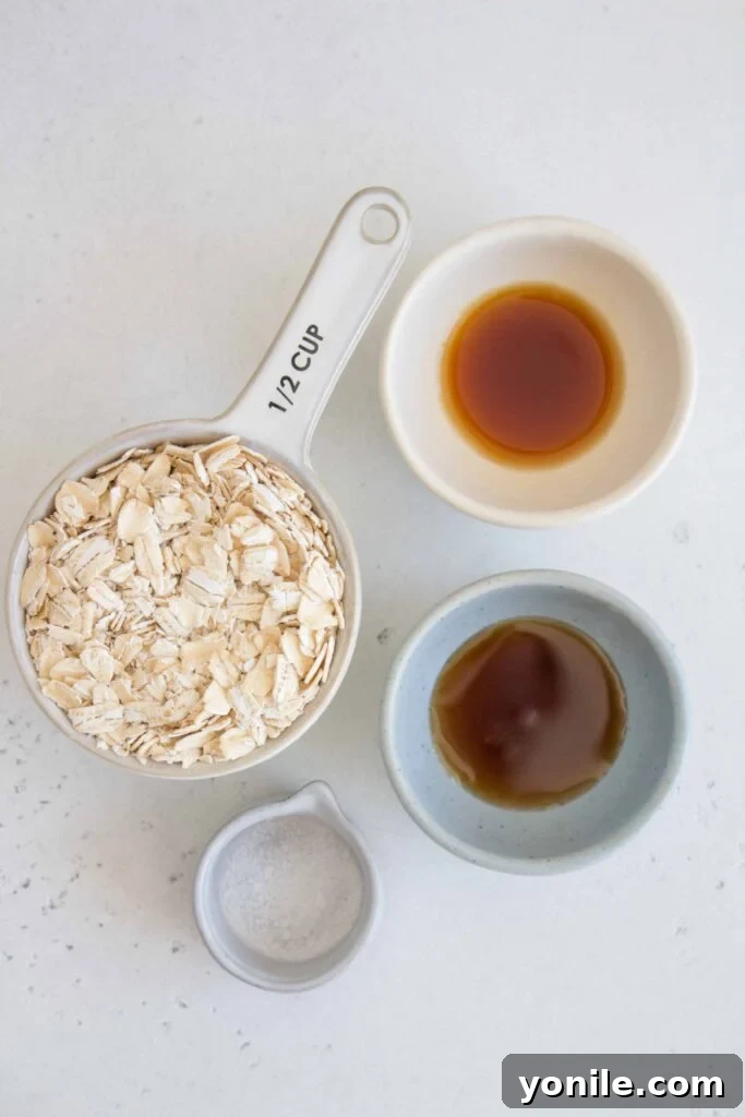 Close-up of oat milk ingredients: rolled oats, maple syrup, vanilla extract, and a glass of filtered water