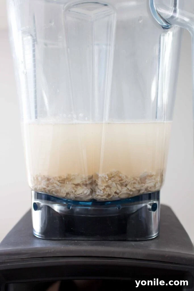 All oat milk ingredients, including water and flavorings, measured and combined in a blender