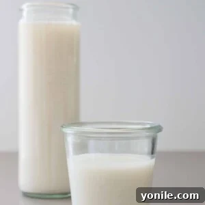 Homemade oat milk in a glass cup, ready to drink