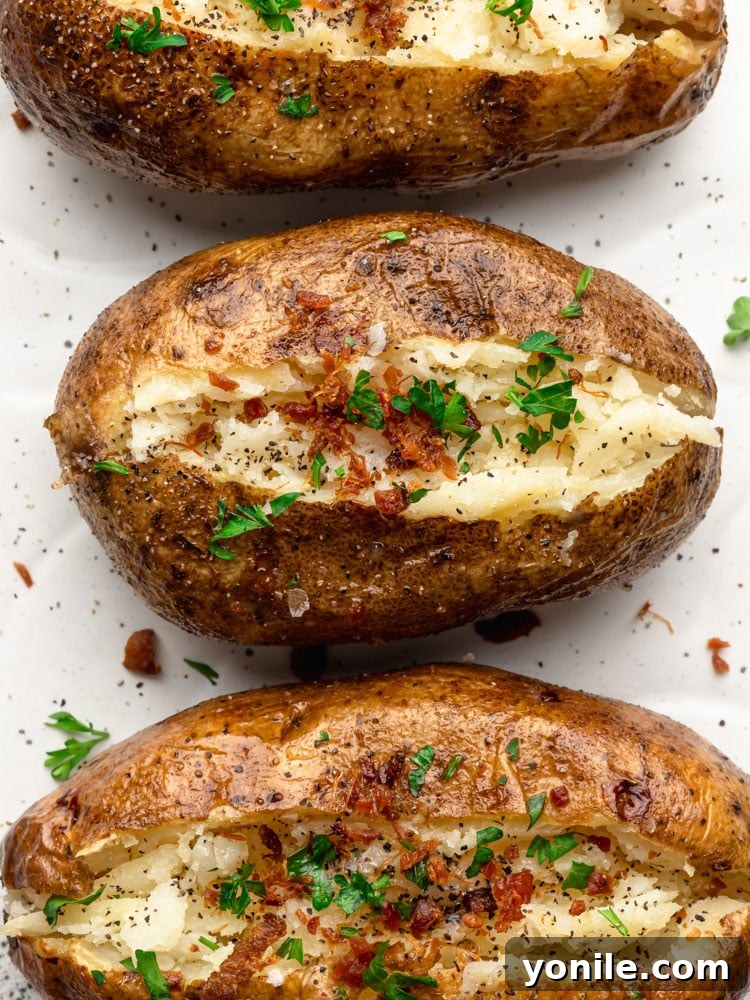 top down close up shot of baked potatoes topped with bacon and parsley