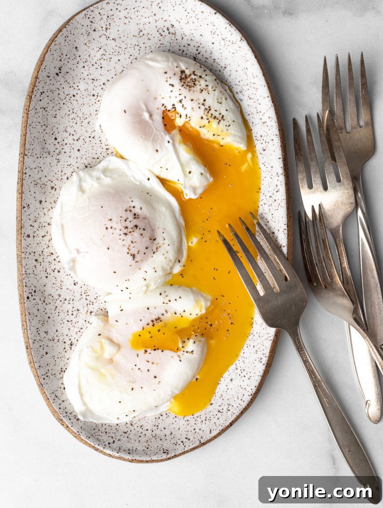 Mastering the Poached Egg 9 Three perfectly poached eggs on a white plate, with their creamy yolks oozing out, seasoned and ready to be served.