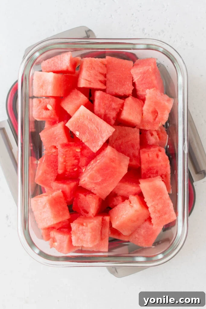 Slice Watermelon Like a Pro 13 Clear container filled with neatly cut watermelon cubes, ready for refrigeration.