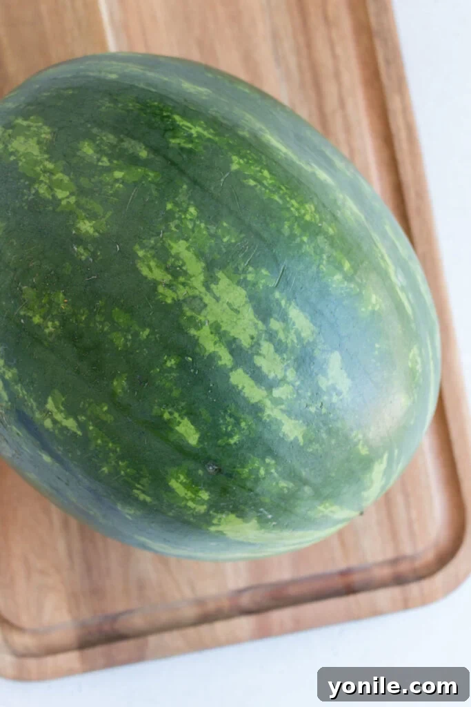 Slice Watermelon Like a Pro 3 Close-up of a whole watermelon showing its green rind and a prominent yellow field spot.