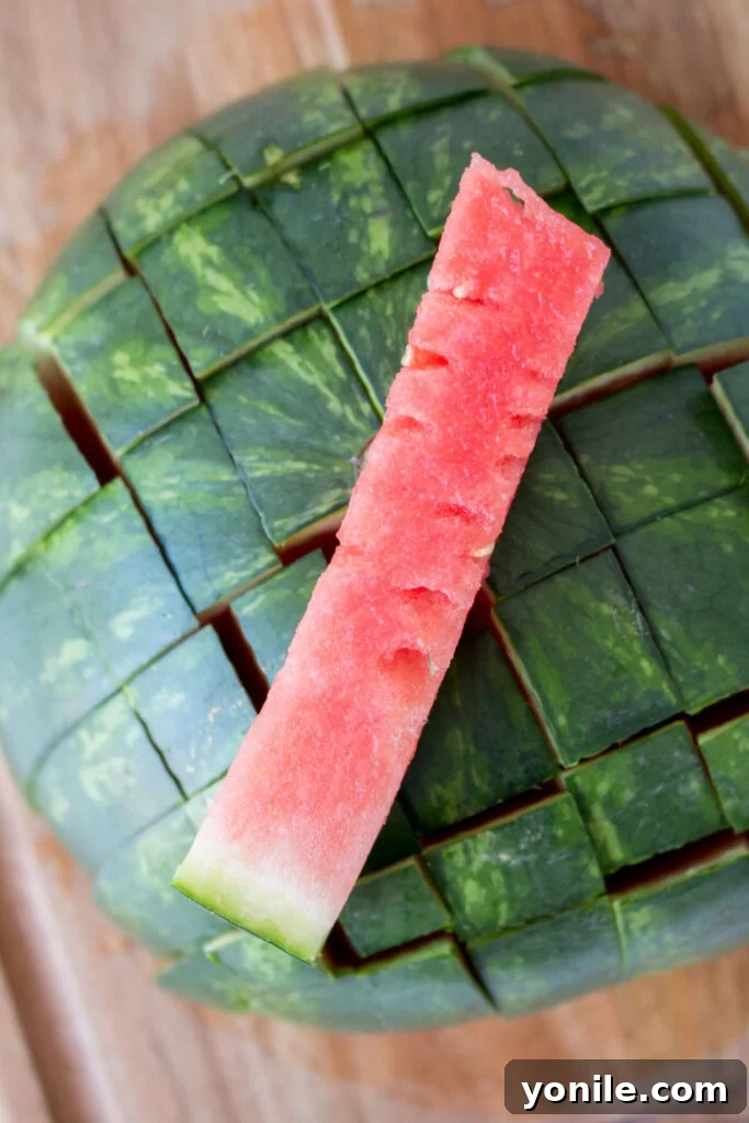 Slice Watermelon Like a Pro 9 A single, perfectly cut watermelon stick, showcasing its crisp texture.