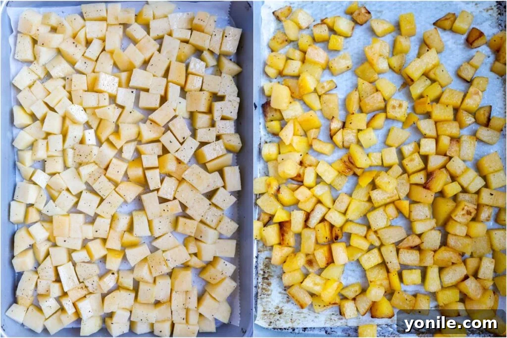 diced turnips on a baking tray ready for roasting