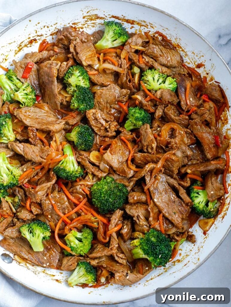 Beef and Broccoli Stir Fry in a bowl, ready to serve