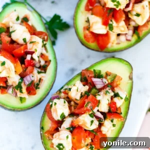 top down shot of Shrimp Stuffed Avocado in a dish.