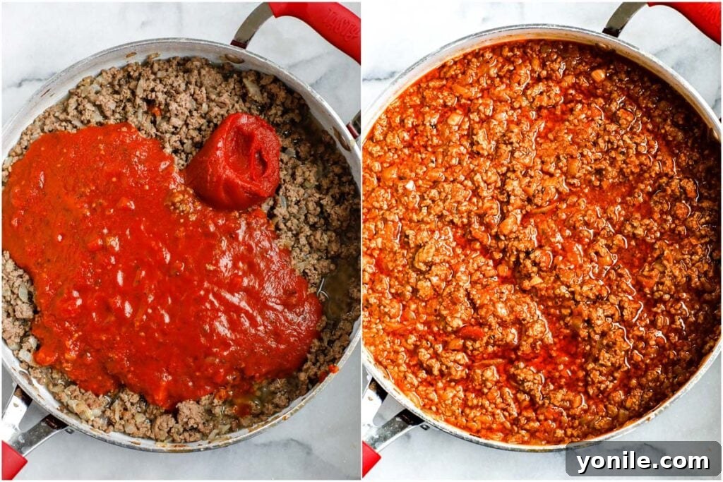 Hearty Beef Lasagna 3 ground beef in a red pot with tomato sauce, simmering to perfection for the lasagna filling.