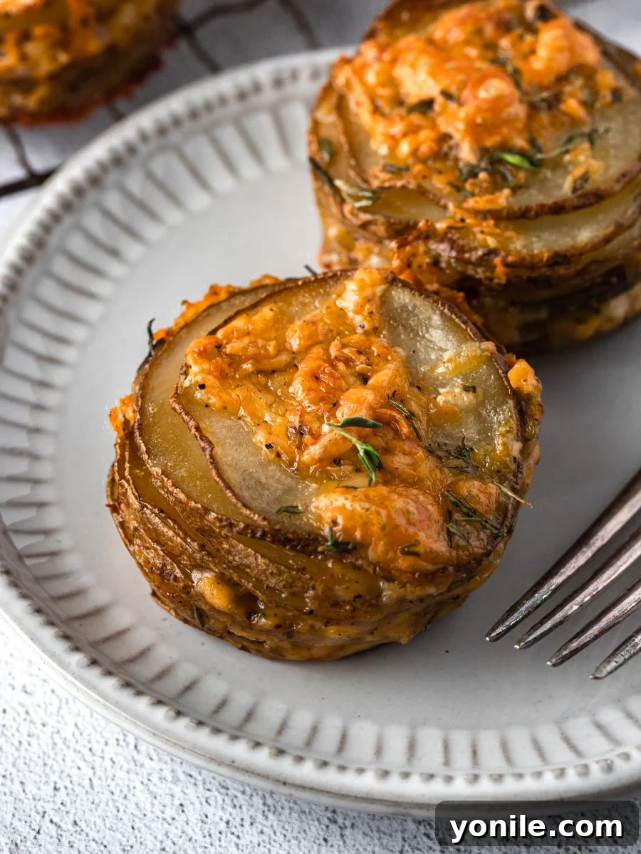 Golden brown cheesy potato stacks on a plate, garnished with fresh herbs, ready to be enjoyed.