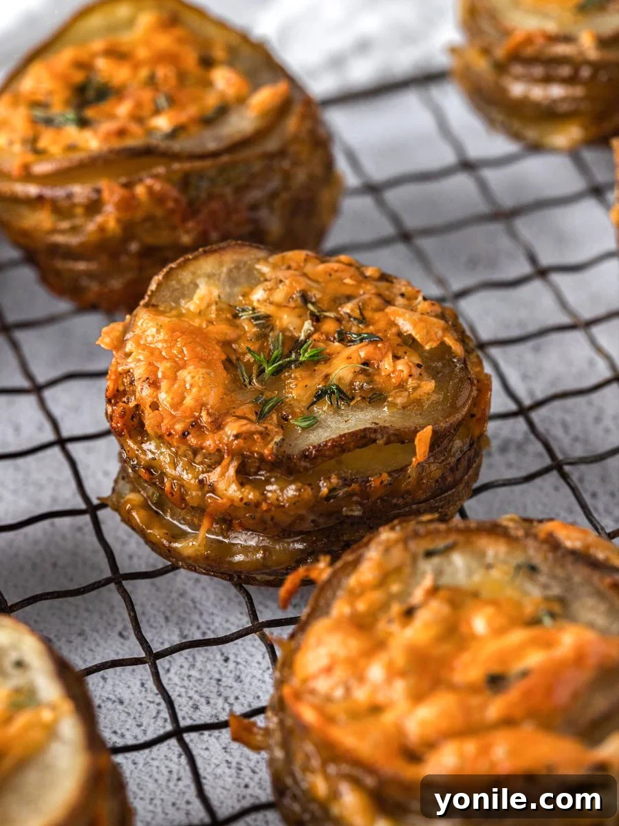 Muffin tin filled with layered potato and cheese stacks, ready for baking.