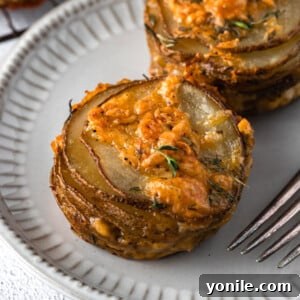 Golden brown cheesy potato stacks on a plate, garnished with fresh herbs, ready to be enjoyed.