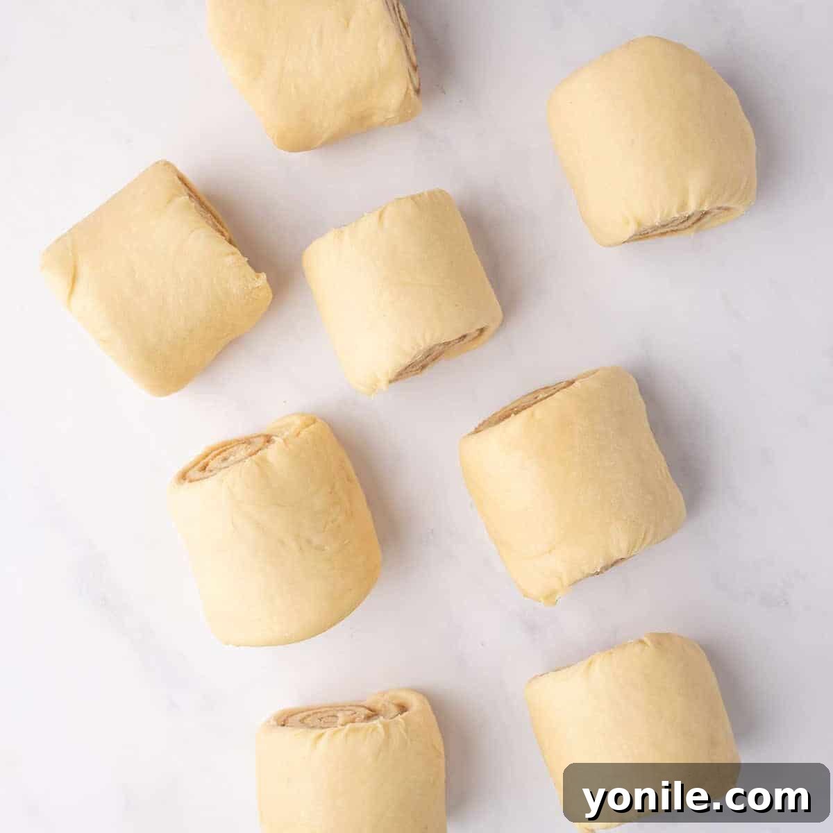 A log of cinnamon roll dough, filled with cinnamon sugar, is cut into individual, uniform pieces using a sharp knife.