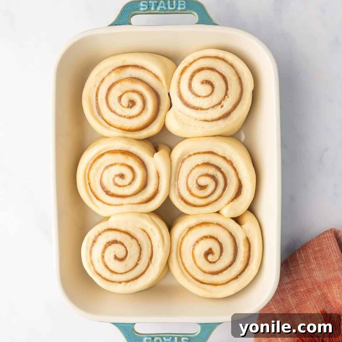 Cut cinnamon rolls are arranged in a baking dish and covered lightly, undergoing their second rise until they are puffed up and touching.