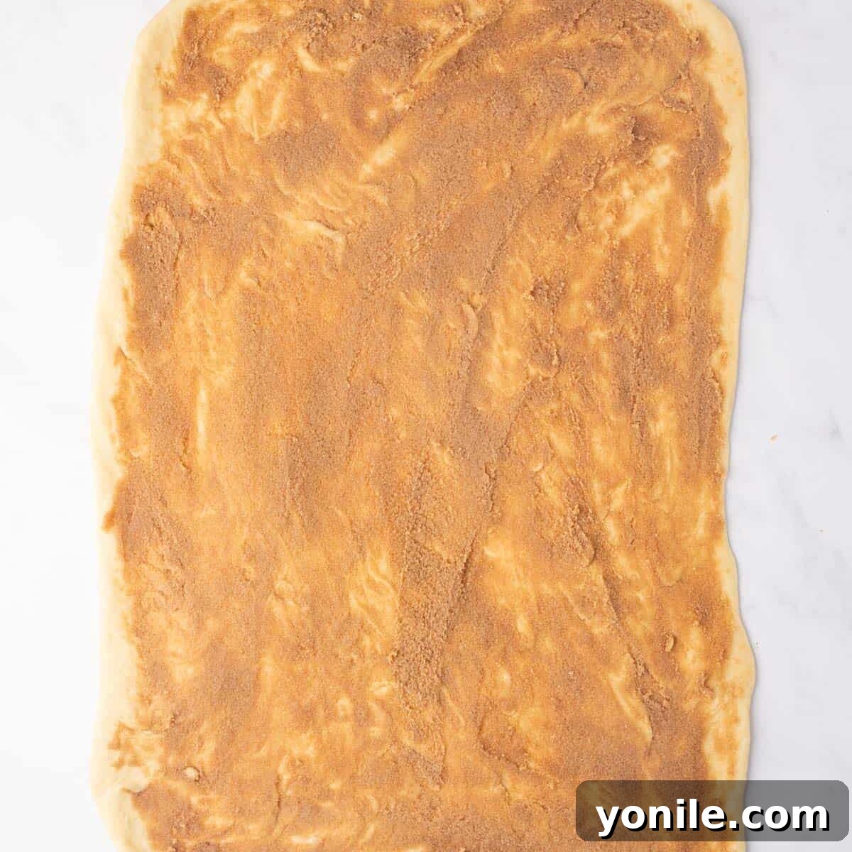 The rich cinnamon sugar filling is evenly spread across the rolled-out cinnamon roll dough, covering it from edge to edge.