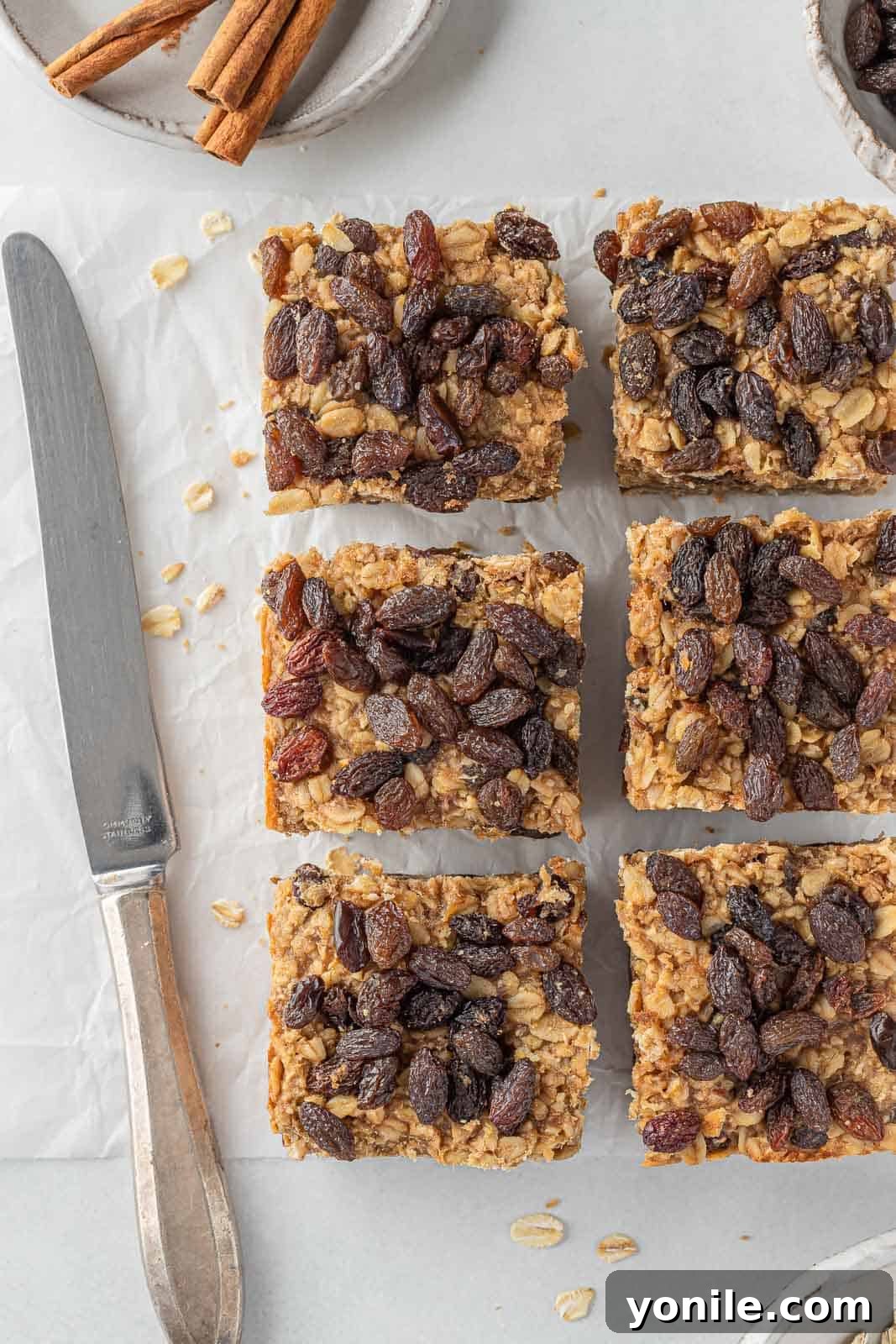 A knife rests beside six perfectly cut cinnamon raisin oatmeal bars, ready to be enjoyed.