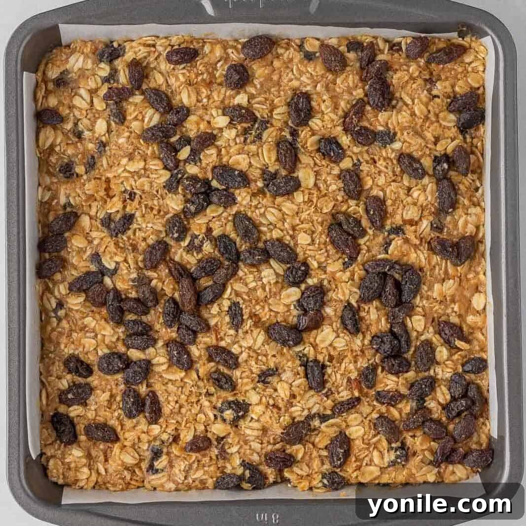 Oatmeal bars batter evenly spread and topped with raisins in a baking pan, ready for the oven.