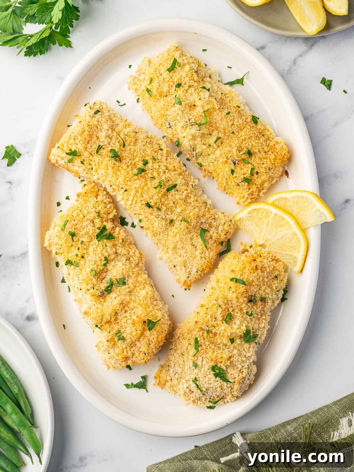 Crispy golden panko crusted cod fillet served on a plate with lemon wedges, garnished with fresh parsley.